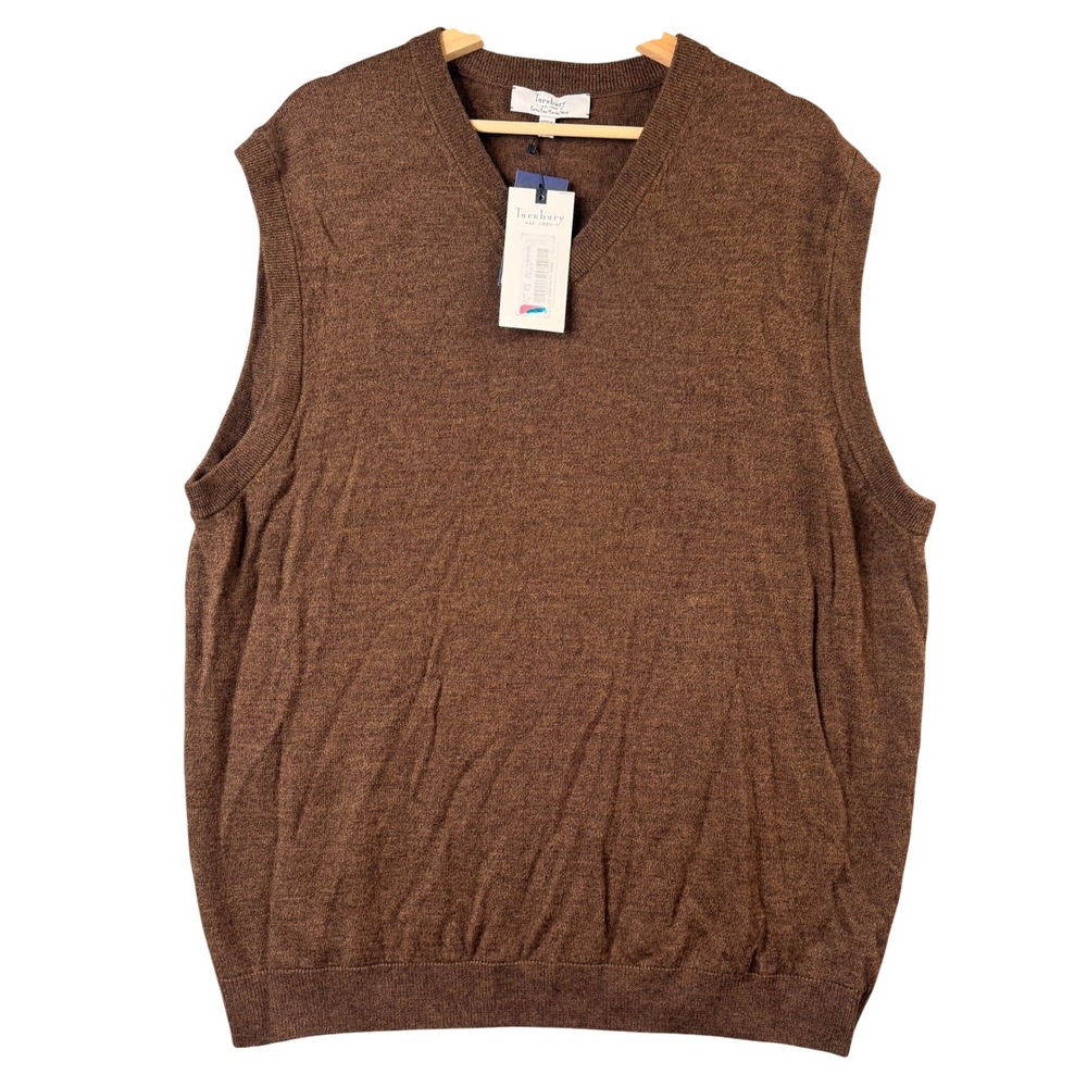Turnbury Men XL Brown Extra Fine Merino Wool V-Neck Sweater Vest Biella Yarn NWT